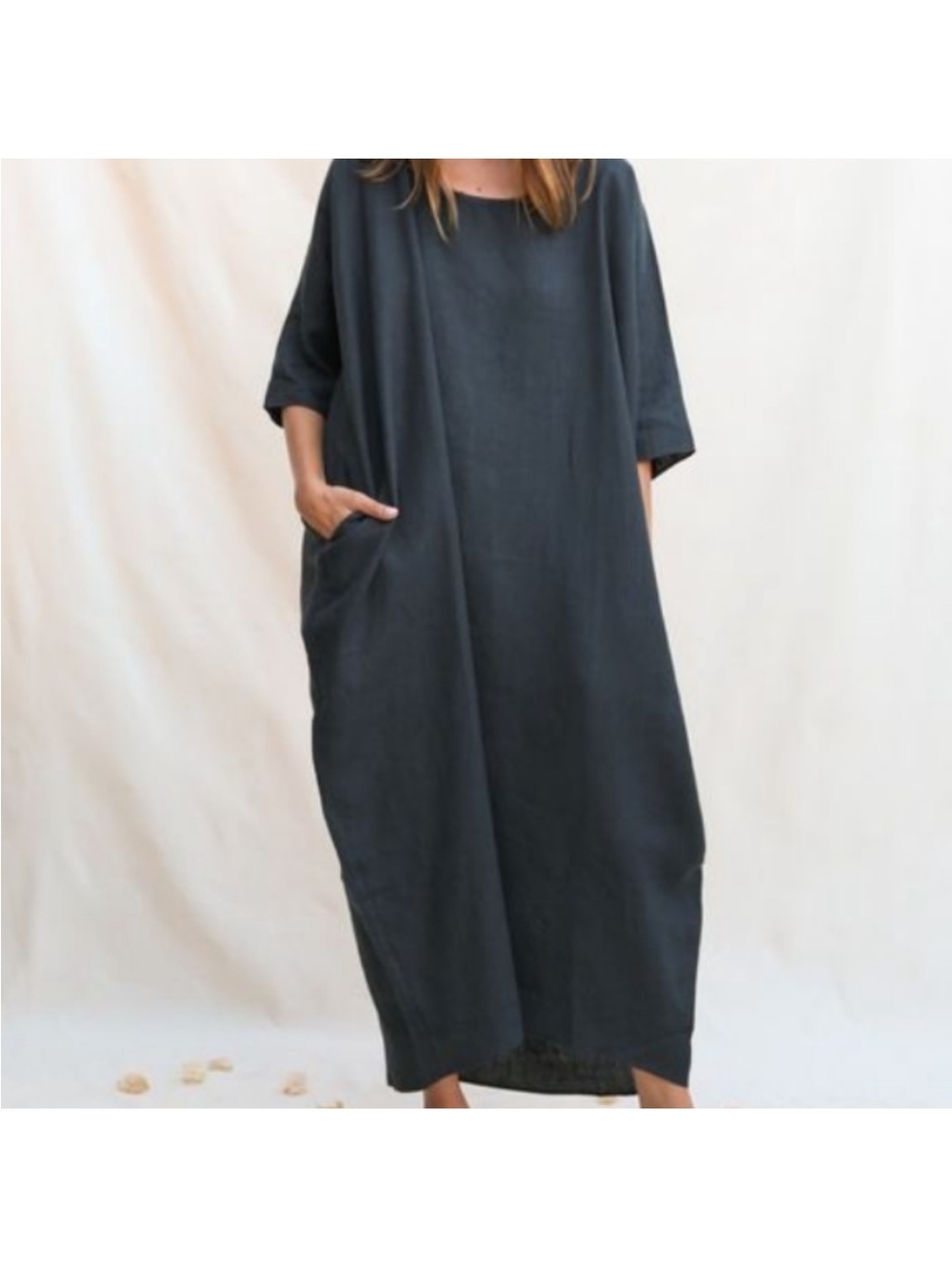 Rachel Craven 100% Linen Cocoon Midi Dress Black Loose Fit Pockets OS